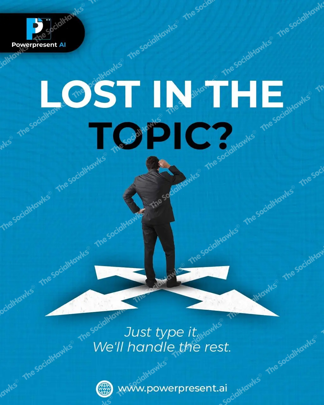 PowerPresent AI lost in the topic ad with businessman standing at crossroads arrows